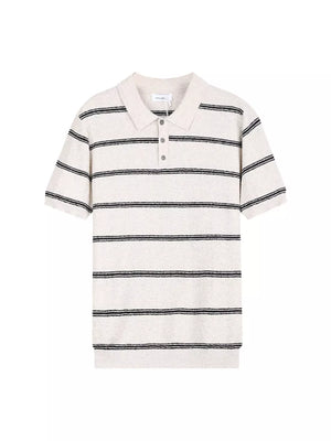 Men's short sleeve knit polo shirt in white with black horizontal stripes and button accents.