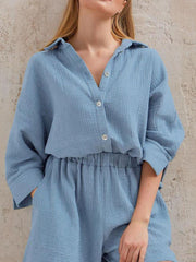 Light blue gauze cotton resort shirt and shorts set with button front and elastic waist shorts.