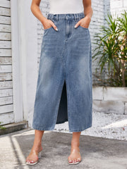 Light blue denim midi skirt with elastic waist and front slit