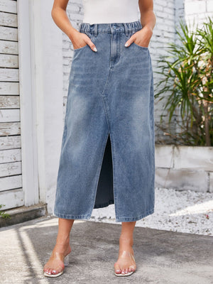 Light blue denim midi skirt with elastic waist and front slit