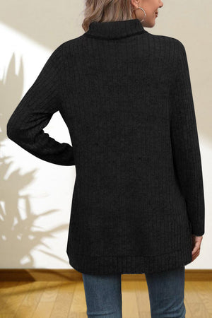 Black ribbed knit turtleneck tunic top with long sleeves and a relaxed fit.
