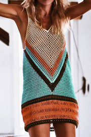 Geometric crochet beach dress with V-neck and chevron pattern in tan, orange, blue, and brown.
