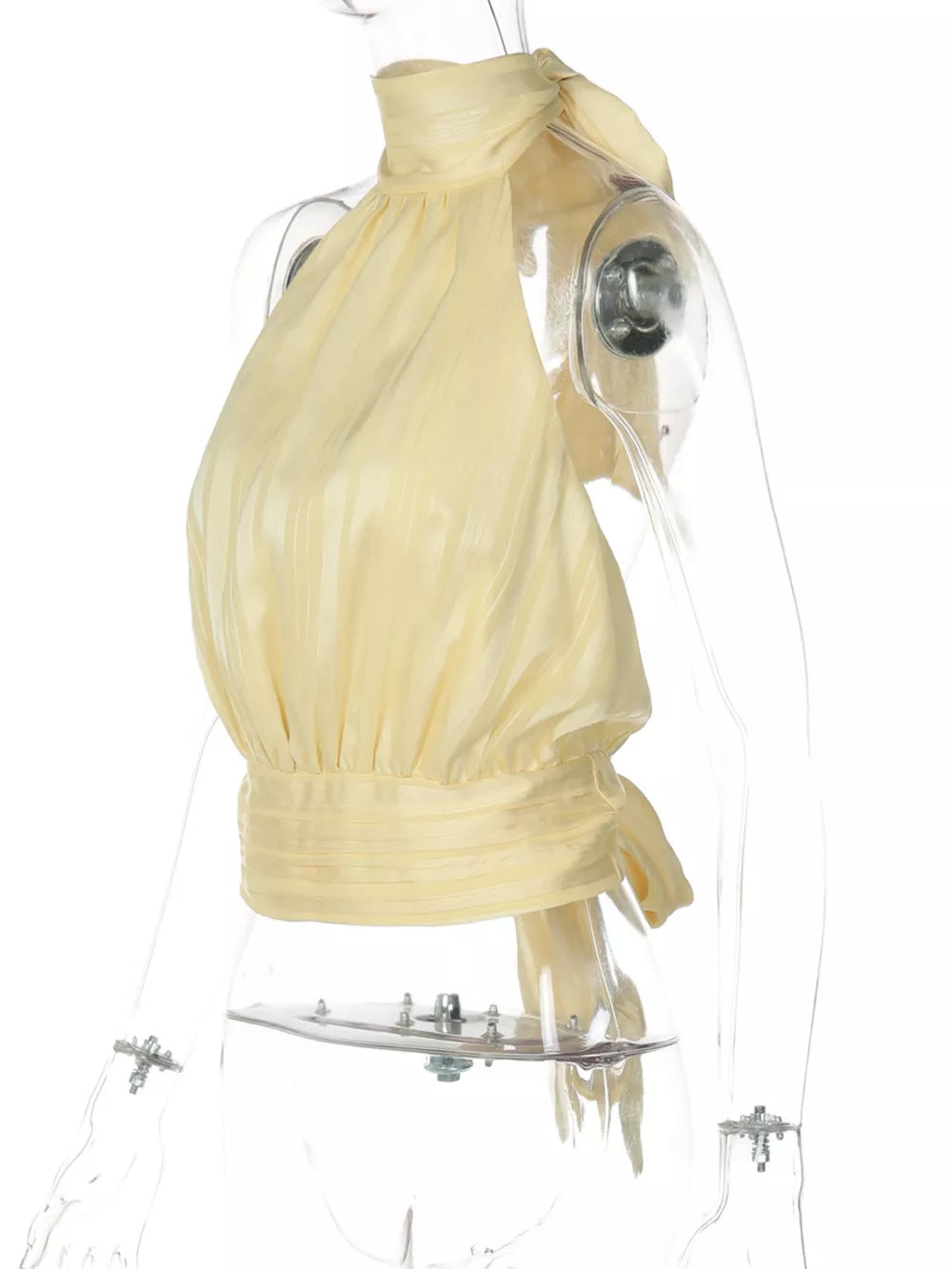 Yellow ruched halter cami top with tie back and striped texture