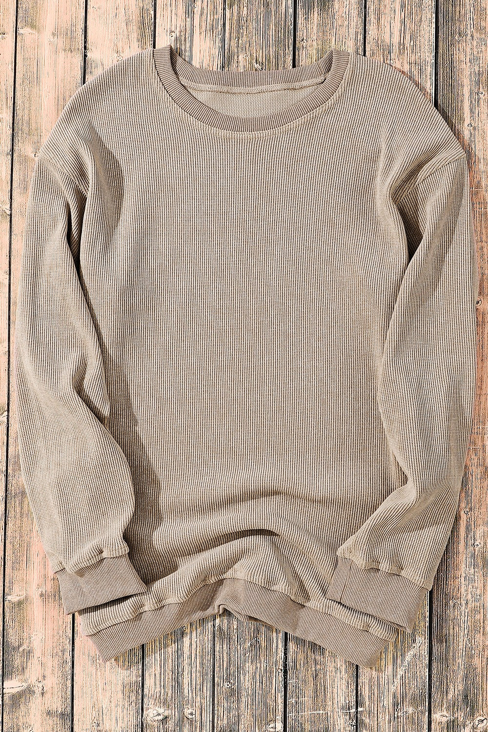 Textured ribbed crewneck pullover sweater in Khaki with long sleeves and crew neckline.