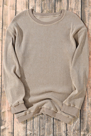Textured ribbed crewneck pullover sweater in Khaki with long sleeves and crew neckline.