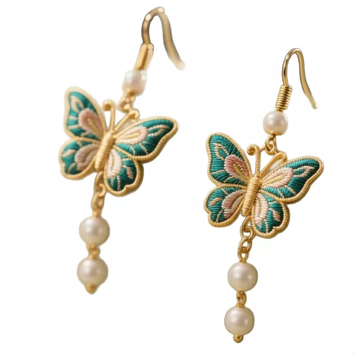 Gold butterfly dangle earrings with pearls and embroidered detail