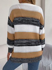 Horizontal stripe open-front knit cardigan in camel, white, and black acrylic with open knit details.