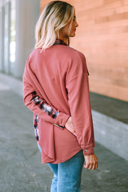 Waffle knit overshirt in Blush Pink with plaid trim on the sleeves and collar.