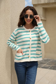 Crewneck cardigan with bold green and white stripes, button front, and patch pockets.
