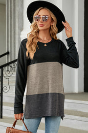 Colorblock long sleeve tee in charcoal, camel, and dark gray with a crew neck and side slits.