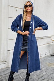 Denim maxi shirtdress in dark blue with hood and white drawstring, button-down front.