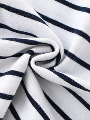 White and navy striped cotton t-shirt fabric detail.
