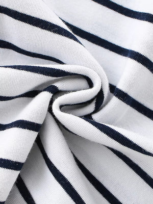 White and navy striped cotton t-shirt fabric detail.
