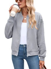 light gray bomber jacket with geometric and crew neck