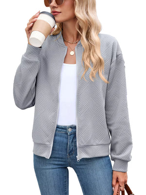 light gray bomber jacket with geometric and crew neck