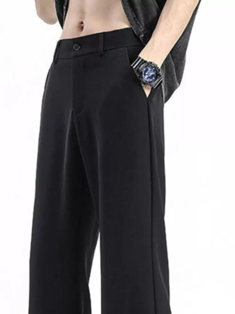 Men's black sweatpants with a relaxed fit and button-fly closure.