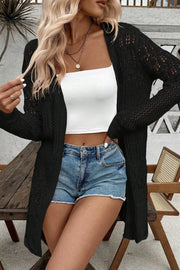 Black openwork crochet duster cardigan with long sleeves and a relaxed fit.