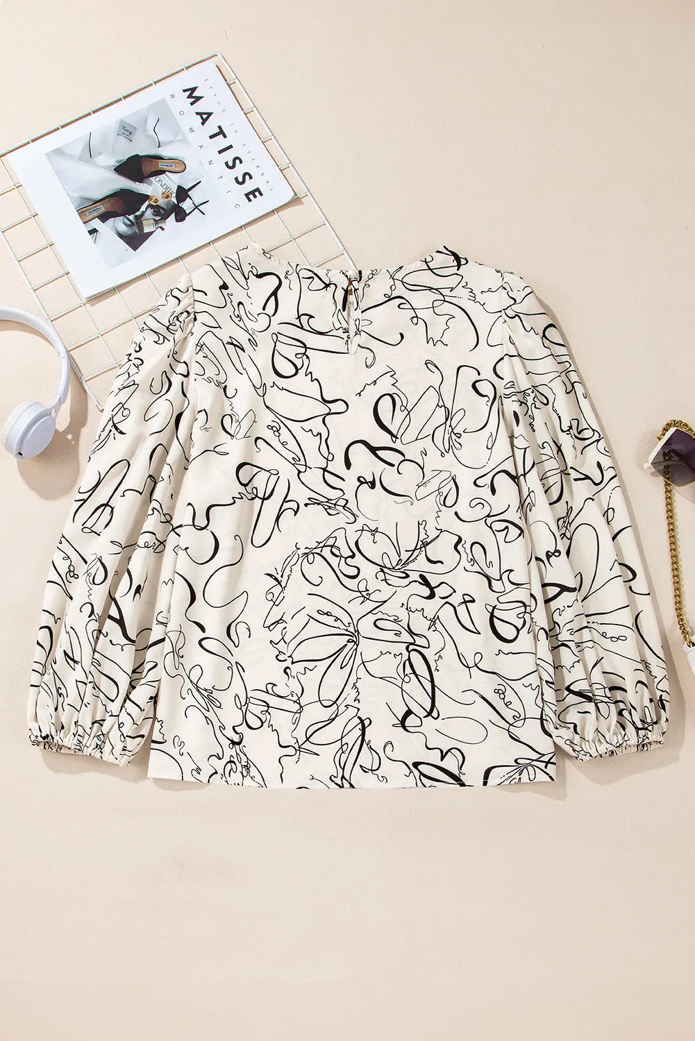 Ivory abstract scribble blouse with balloon sleeves