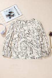 Ivory abstract scribble blouse with balloon sleeves