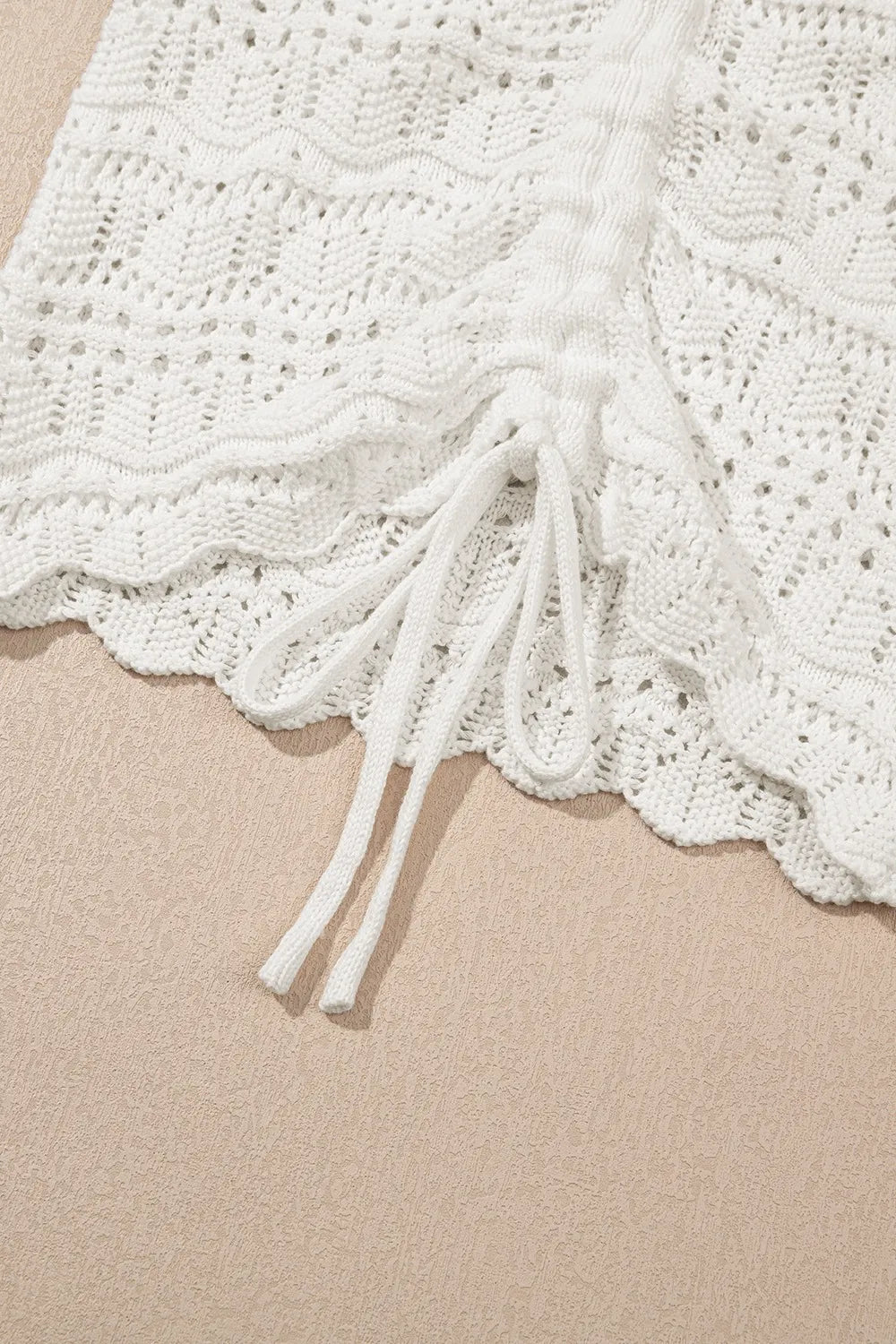 White crochet tank top with ruched front and drawstring detail