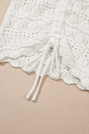 White crochet tank top with ruched front and drawstring detail