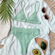 Light green ribbed triangle bikini with high-waist brief