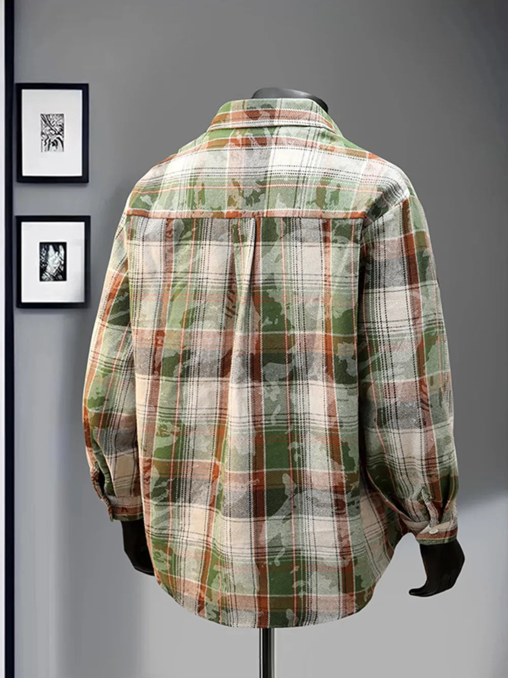 Heritage Plaid Long Sleeve Button-up Shirt in green and brown plaid with a relaxed fit.