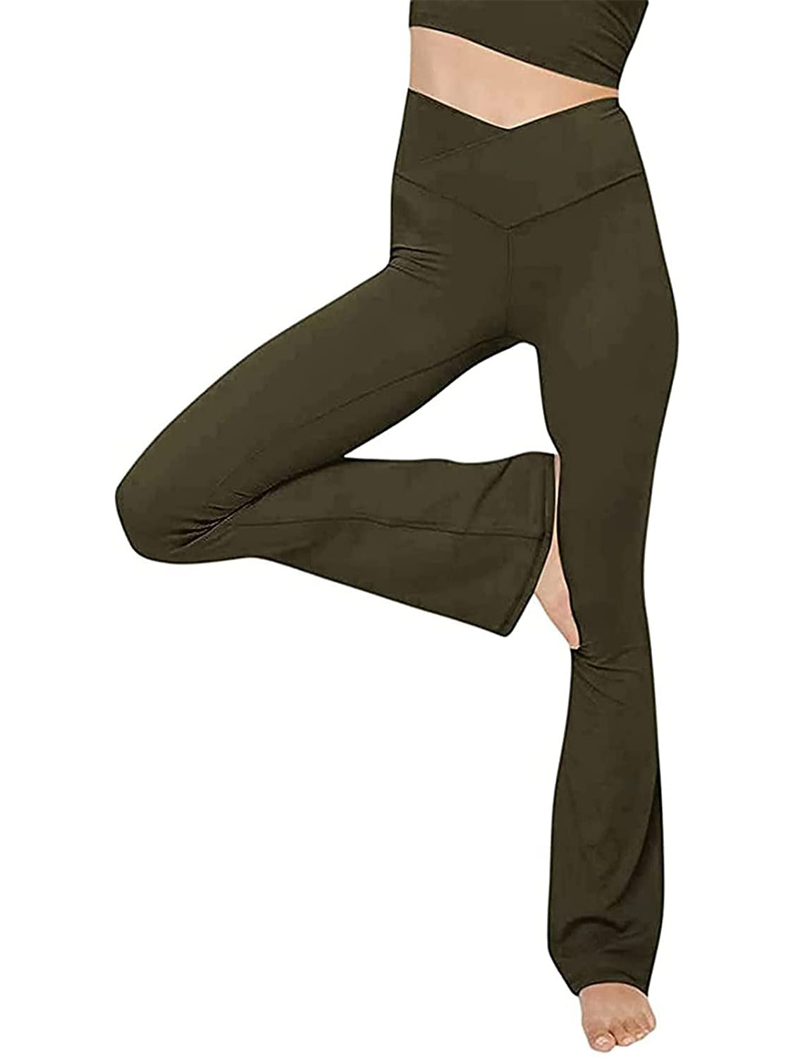 Army green V-waist flare leggings with a crisscross waistband detail.