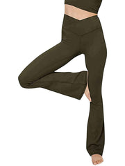 Army green V-waist flare leggings with a crisscross waistband detail.