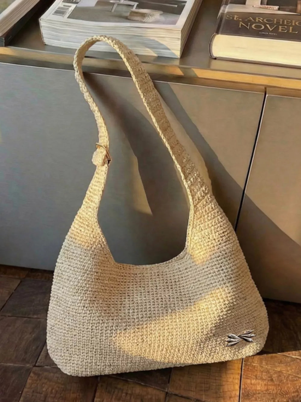 Woven Casual Beach Shoulder Bag in Ivory, side view