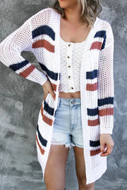 White open-knit duster cardigan with horizontal stripes in navy and rust.