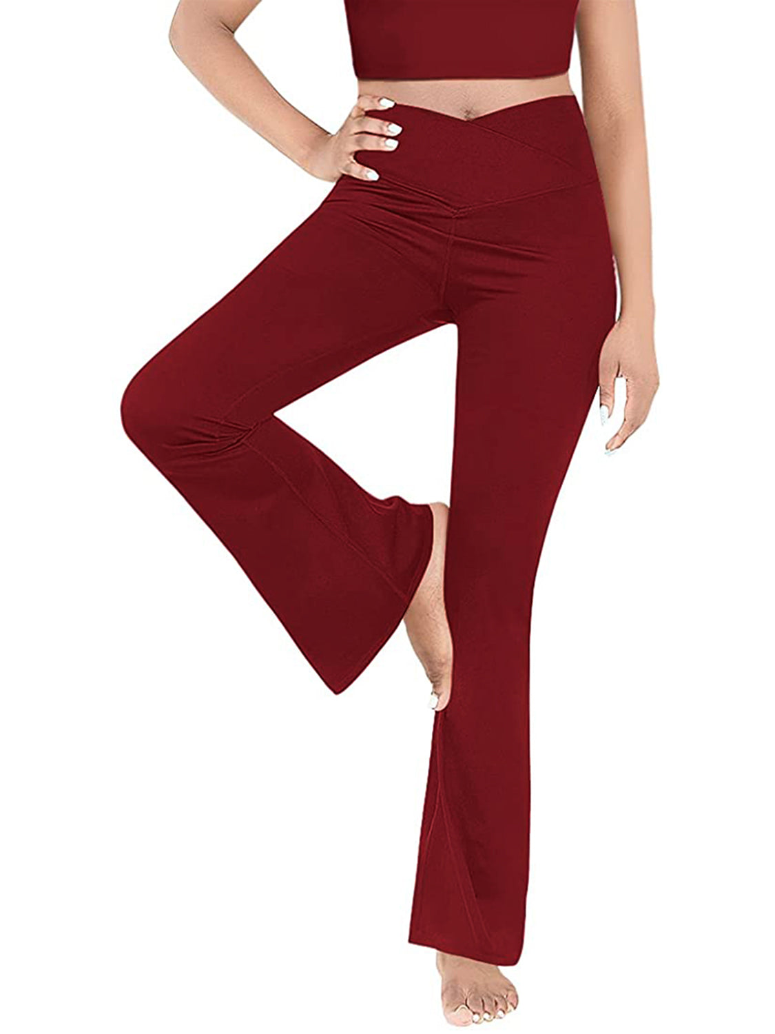 Wine V-waist flare leg leggings with a high rise and bootcut hem.