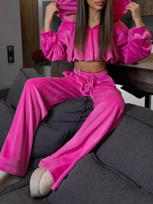 Zip Up Cropped Outerwear And Pants Set in Apricot, back view