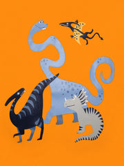 Toddler t-shirt with a playful dinosaur graphic in blue, grey, and black on an orange background.