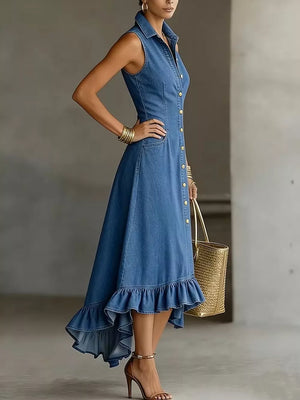Sleeveless Ruffled Hem Denim Dress Plus Size in Black, close-up detail