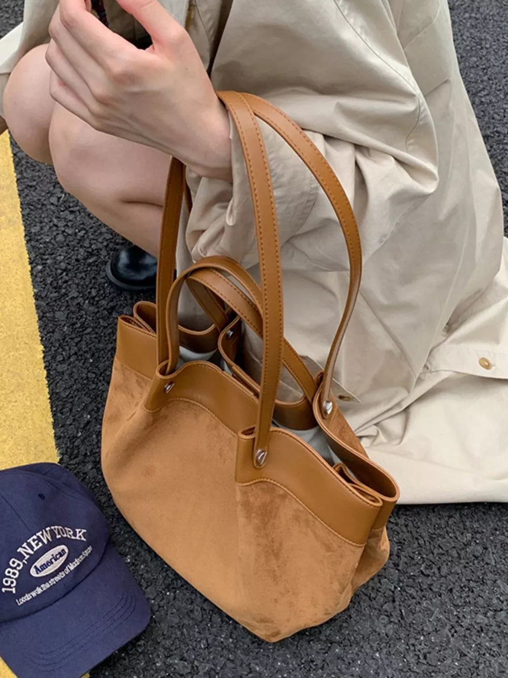 Suede And Leather Trim Shoulder Bag in Brown, fabric detail