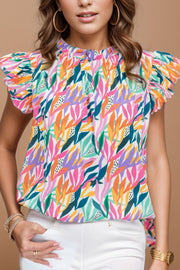 Multicolor leaf print blouse with ruffled collar and short flutter sleeves.
