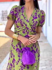 V-neck Puff Sleeve Floral Midi Dress Plus Size in Green, model styling view