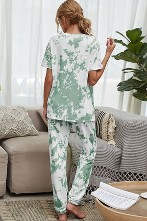 Tie-dye lounge set in Gum Leaf green and white, featuring a relaxed fit t-shirt and joggers.