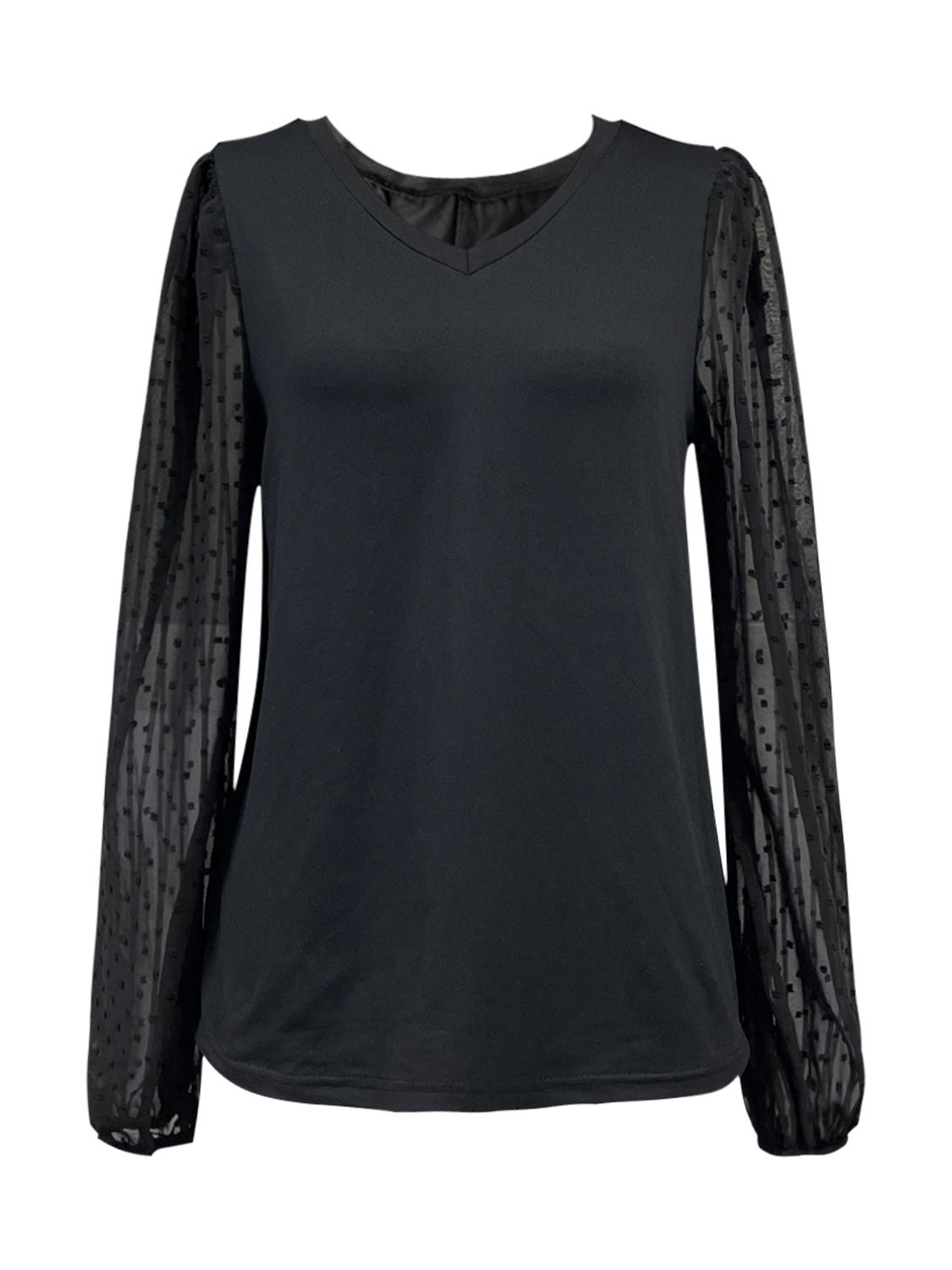 Black v-neck blouse with sheer dot long sleeves