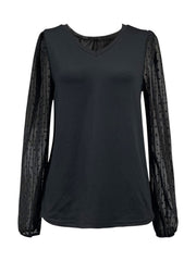 Black v-neck blouse with sheer dot long sleeves