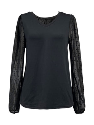Black v-neck blouse with sheer dot long sleeves