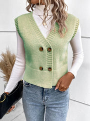 Light green double-breasted knit vest with ribbed trim and buttons