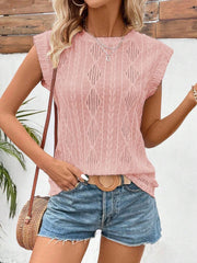 Diamond knit flutter sleeve blouse in white, pale blush, or beige.