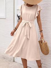 Beige midi dress with ruffled sleeves, tie waist, and button-down front.