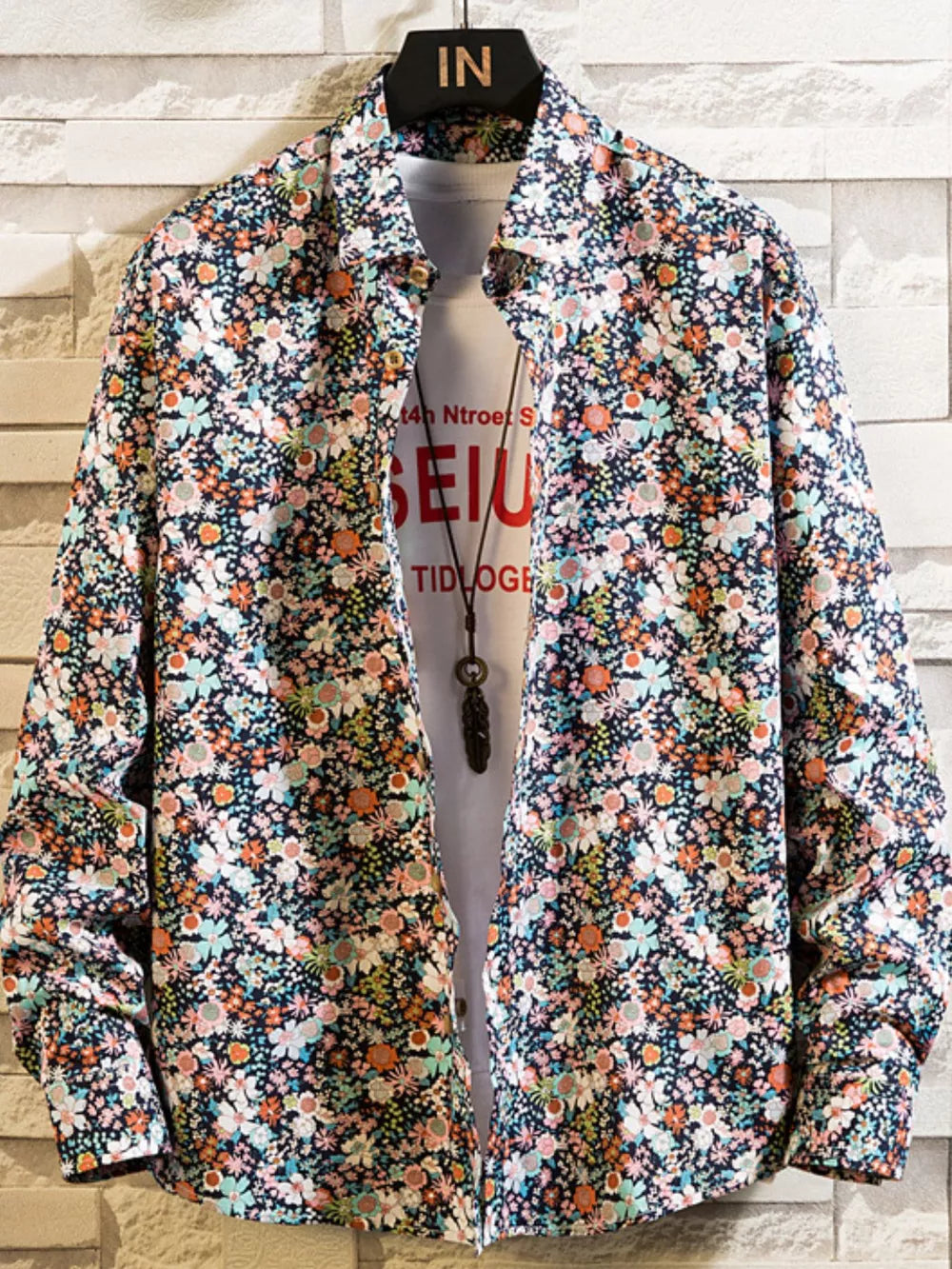 Men's Plus Size Printed Button Up Shirt, model styling view