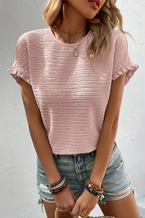 Blush pink textured ruffle sleeve blouse with casual chic style.