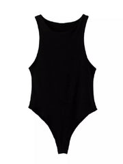 Black round neck sleeveless bodysuit with a thong bottom.