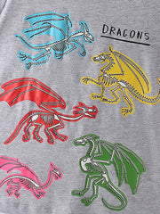 Baby t-shirt with colorful dragon skeleton graphic print and "DRAGONS" text.