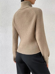 Mocha ribbed turtleneck knit sweater with long sleeves and a fitted silhouette.